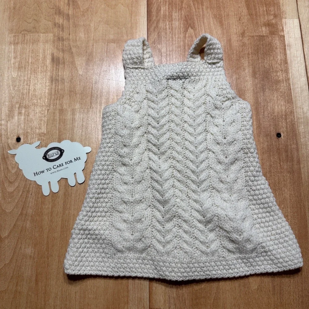 Aran Woollen Mills Kids Merino Wool Cable Knit Pinafore Dress Cream B175 LRG